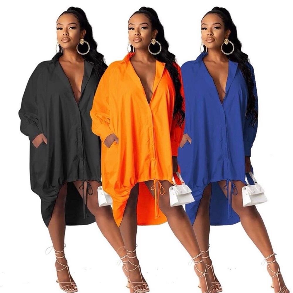 New Women Oversized Blue Shirt Dress Plus One Size Button Down Lantern Sleeve